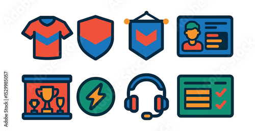 Flat vector icons of esports teams and organizations: team jersey icon, logo shield badge, team banner design, pro player profile card, organization trophy case, sponsorship patch icon, coaching