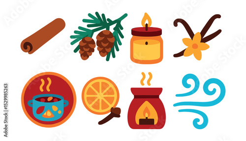 Flat vector icons of seasonal scents and ambiance: cinnamon stick icon, pine branch with cones, scented candle in jar, vanilla bean pod, simmer pot badge, dried orange and clove, holiday oil diffuser