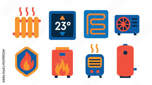Flat vector icons of heating system components: radiator heater icon, wall thermostat screen, underfloor heating coil, heat pump unit, gas boiler badge, furnace flames, electric heater fan, hot water
