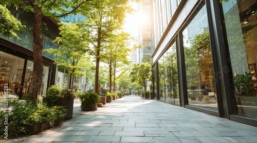 Urban street lined with shops and lush greenery.