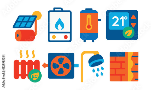 Flat vector icons of energy-efficient heating solutions: solar water heater icon, condensing boiler unit, insulated hot water tank, programmable thermostat screen, eco radiator symbol, heat recovery