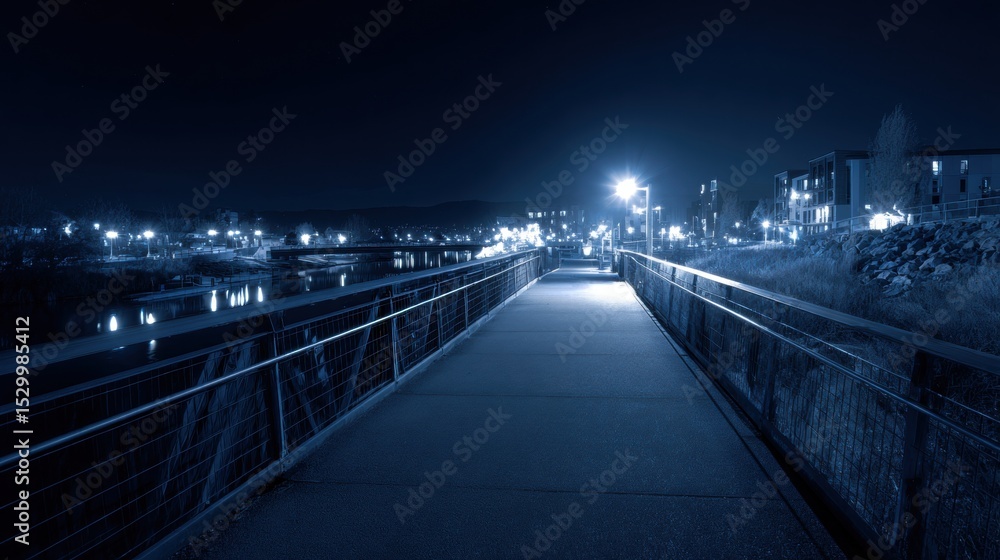 Obraz premium Empty pedestrian walkway at night over a waterway.