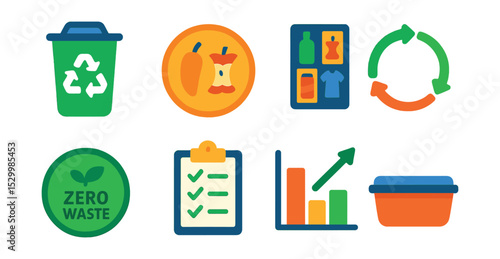Flat vector icons of waste reduction and recycling: recycling bin icon, compost bin badge, material sorting chart, circular economy loop, zero waste pledge, waste audit checklist, landfill diversion