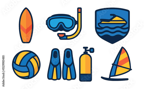 Flat vector icons of water activities and sports: surfboard icon, snorkeling mask, paddleboard paddle, jet ski badge, beach volleyball, swimming fins, scuba tank, windsurf sail.