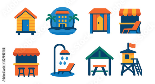 Flat vector icons of seaside accommodation and facilities: beach hut icon, seaside hotel badge, changing room cabin, rental chair stand, beach bar counter, outdoor shower, picnic shelter, lifeguard