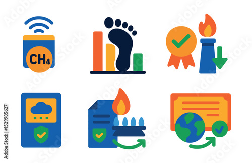 Flat vector icons of environmental impact and regulation: methane emission sensor, carbon footprint chart, environmental compliance badge, gas flare reduction, air quality monitor, regulatory