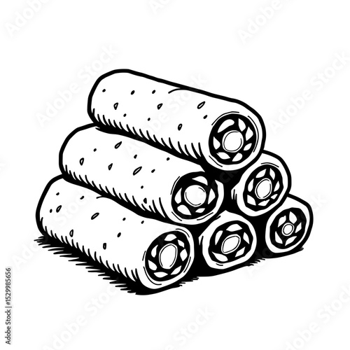 Minimalist hand-drawn spring rolls stacked together on a surface