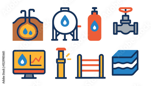 Flat vector icons of natural gas storage solutions: underground cavern storage, LNG storage tank, compressed gas cylinder, pressure relief valve, storage monitoring screen, safety vent pipe, storage