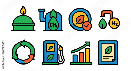 Flat vector icons of renewable natural gas and decarbonization: biogas digester icon, methane capture system, carbon offset badge, hydrogen blending symbol, green gas certification, circular economy