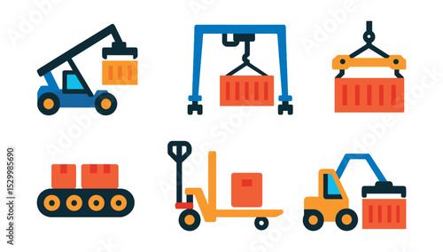 Flat vector icons of cargo handling equipment: reach stacker icon, forklift badge, gantry crane, container spreader, conveyor belt, pallet jack, dock leveler, container handler.