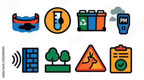 Flat vector icons of port environmental management: oil spill containment icon, water quality test badge, waste collection bins, air pollution monitor, noise barrier wall, green buffer zone, wildlife