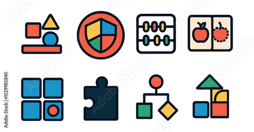 Flat vector icons of preschool cognitive development: sorting shapes icon, pattern blocks badge, counting beads, matching cards, memory game, puzzle piece, problem solving chart, logic blocks.