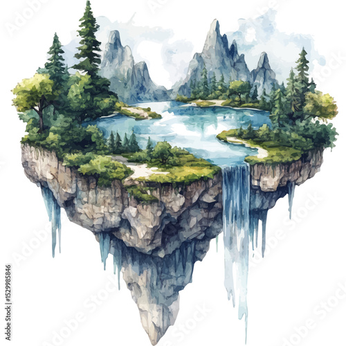 Floating Islands, watercolor vector, isolated on a white background.