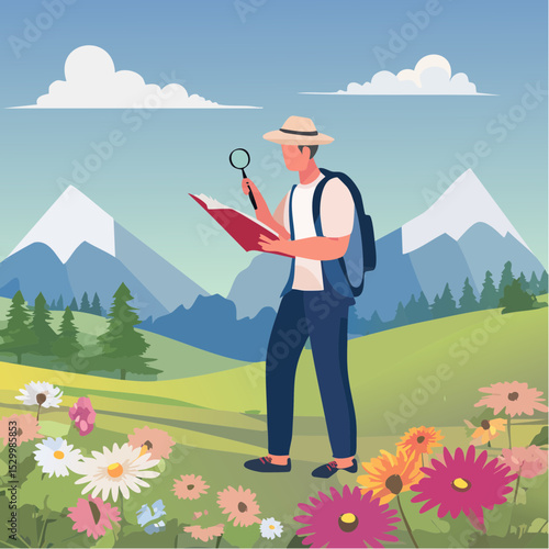 Botanist Cataloging Flowers in Alpine Field – Open journal, hand lens, labeled plant samples.
