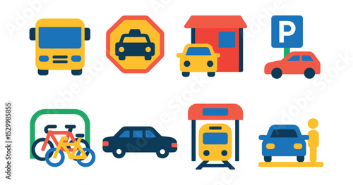Flat vector icons of airport transportation: shuttle bus icon, taxi stand badge, rental car kiosk, parking lot, bicycle rack, limousine service, train station, passenger drop-off zone.