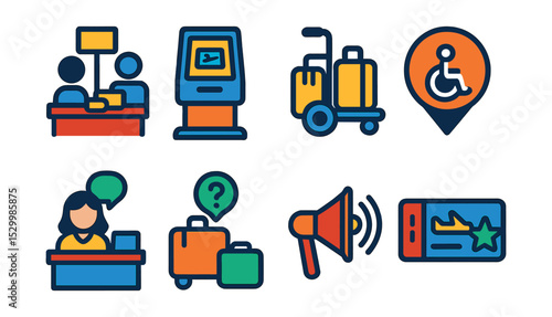Flat vector icons of passenger services: ticket counter icon, check-in kiosk, baggage trolley, wheelchair assistance badge, customer service desk, lost luggage report, boarding call microphone,