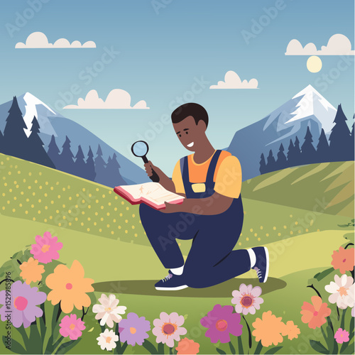 Botanist Cataloging Flowers in Alpine Field – Open journal, hand lens, labeled plant samples.
