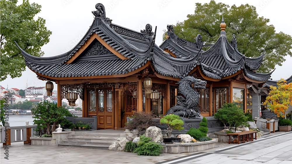 Scenic pagoda architecture with floral surroundings and bonsai trees high resolution photo Scenic pagoda architecture with floral surroundings and bonsai trees high resolution photo