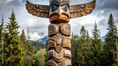 Magnificent Indigenous wooden totem pole with carved eagle wings rising in a lush green forest beneath a cloudy, overcast sky in Pacific Northwest.