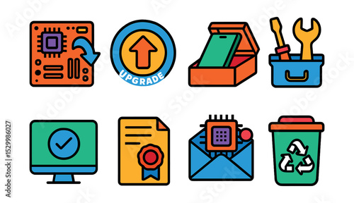 Flat vector icons of hardware replacement and upgrades: replacement part icon, upgrade badge, new device box, installation toolkit, compatibility check, warranty certificate, upgrade notification,