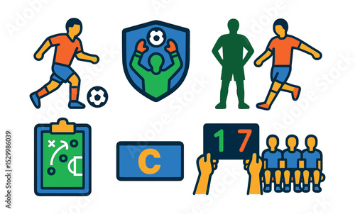 Flat vector icons of football players and positions: striker icon, goalkeeper badge, defender silhouette, midfielder, coach clipboard, captain armband, substitution board, bench players.