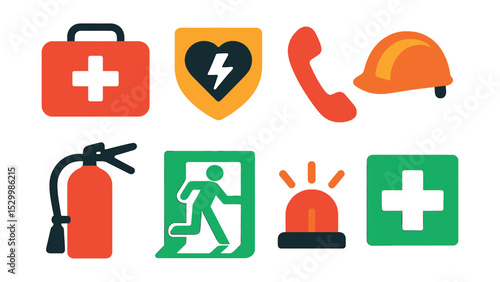 Flat vector icons of gym emergency and first aid: first aid kit icon, defibrillator badge, emergency phone, safety helmet, fire extinguisher, evacuation route, emergency alarm, medical cross.