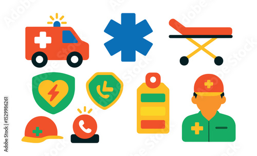 Flat vector icons of emergency medical care: ambulance icon, defibrillator badge, emergency cross, stretcher, paramedic helmet, emergency call button, triage tag, first responder.