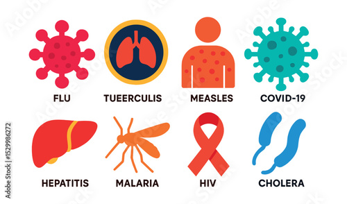 Flat vector icons of infectious diseases: flu virus icon, tuberculosis badge, measles rash, COVID-19 virus, hepatitis symbol, malaria mosquito, HIV ribbon, cholera bacteria.