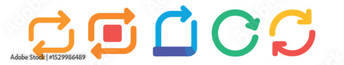 Flat vector icons of repeat and loop navigation: repeat icon, repeat all, loop section, refresh circle, reload icon.