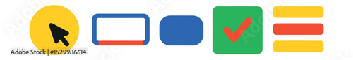 Flat vector icons of interaction states: hover icon, focused field, disabled button, selected state, active row.