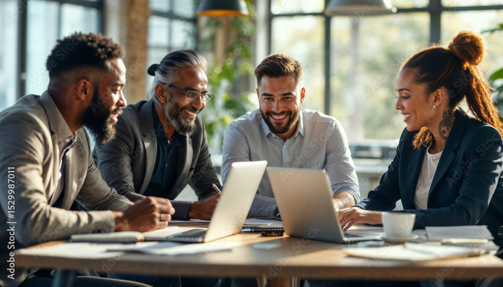 © Eduardo Accorinti - Multiethnic team of four business professionals smiling and working together with documents and laptops in brightly lit modern office with warm light, with mid adult businessman looking at camera © Eduardo Accorinti - Multiethnic team of four business professionals smiling and working together with documents and laptops in brightly lit modern office with warm light, with mid adult businessman looking at camera
