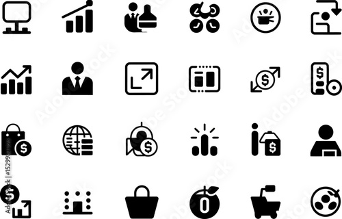 A collection of business and finance related icons in a black and white style