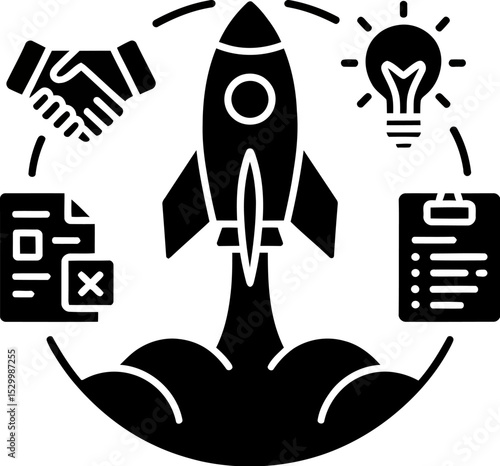 Illustration of a rocket launch with handshake document and lightbulb