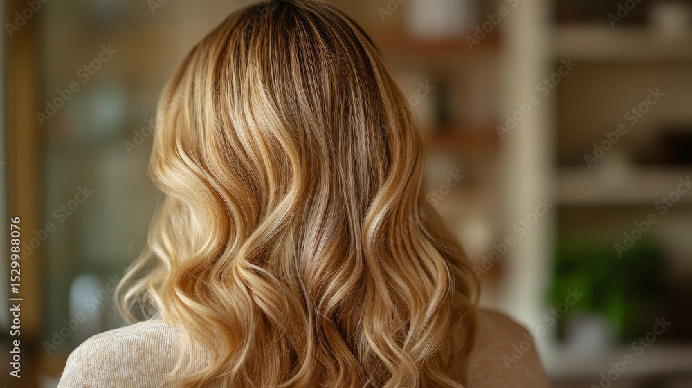 Blonde wavy hair styled from the back view. Blonde wavy hair styled from the back view.