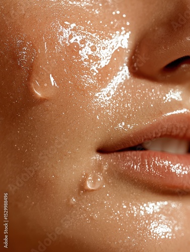 A close-up of a girl's face with glistening droplets, highlighting skin texture and natural beauty