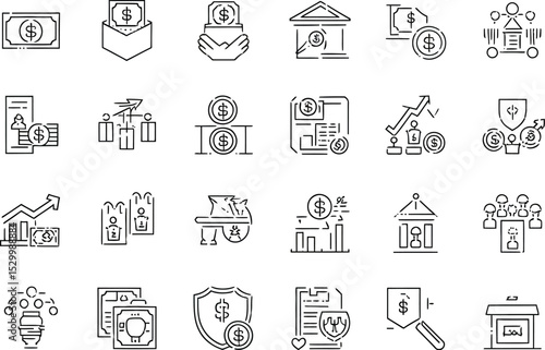 Line art icons depicting various financial and economic concepts on white