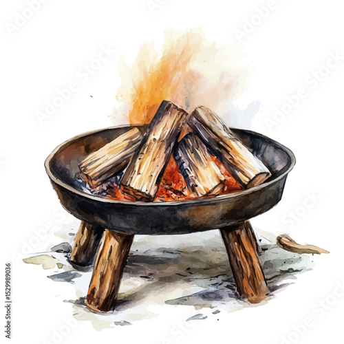 Fire Pit, watercolor clipart vector, isolated on a white background.