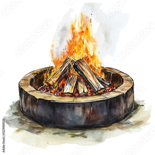 Fire Pit, watercolor vector, isolated on a white background.