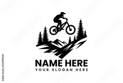 Action-packed black silhouette vector of mountain biker mid-jump over challenging terrain with pine trees