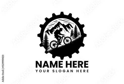 Action-packed black silhouette vector of mountain biker mid-jump over challenging terrain with pine trees