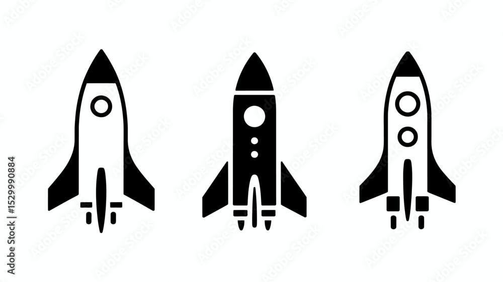 Three black and white rocket ship icons in a row on a white background Three black and white rocket ship icons in a row on a white background