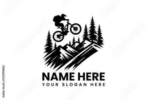 Stylized black vector logo featuring extreme mountain biker airborne over rough terrain with forest backdrop