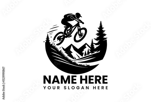 Stylized black vector logo featuring extreme mountain biker airborne over rough terrain with forest backdrop