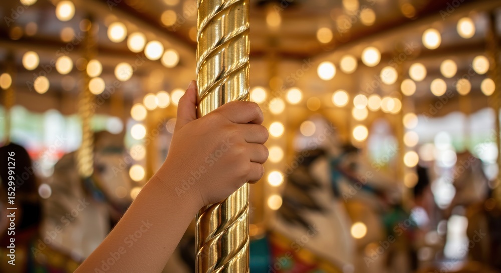 Child's hand grips carousel pole. Blurred background of carousel horses and lights Child's hand grips carousel pole. Blurred background of carousel horses and lights