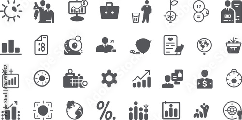 A collection of business and finance related icons in a grid arrangement