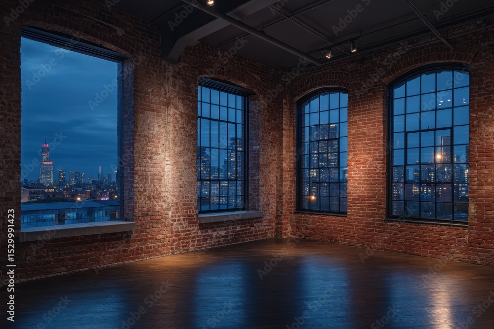 Fototapeta premium Industrial loft interior with city view at dusk.