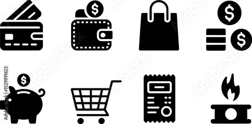Illustration of financial icons including wallet credit card and shopping