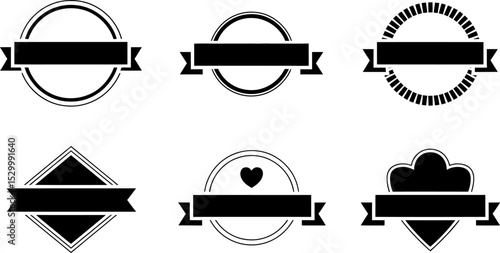 Illustration of six different black and white badge label designs set up
