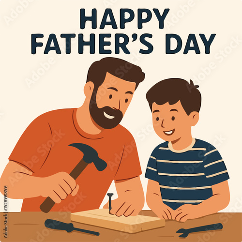 A heartwarming illustration of a father and son spending quality time together while working on a DIY wood project for Father's Day. The cheerful cartoon-style artwork features the father teaching his
