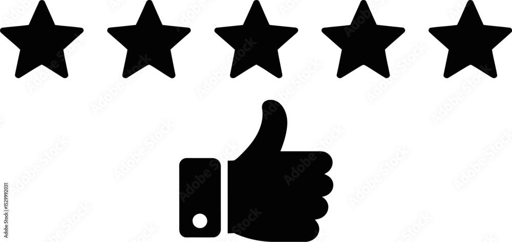 Five stars rating with thumbs up icon in black and white illustration Five stars rating with thumbs up icon in black and white illustration